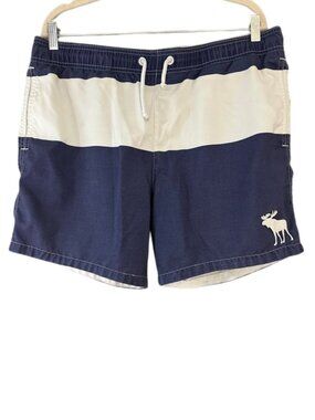 Abercrombie & Fitch Swim Shorts Navy Blue Stripe Logo Trunks Mens Lined